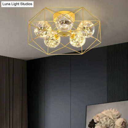 DecorBites™ DecorBites™ Smoke Grey Glass Orb Ceiling Light with Metal Hexagonal Cage - Simple 5-Head Gold Finish