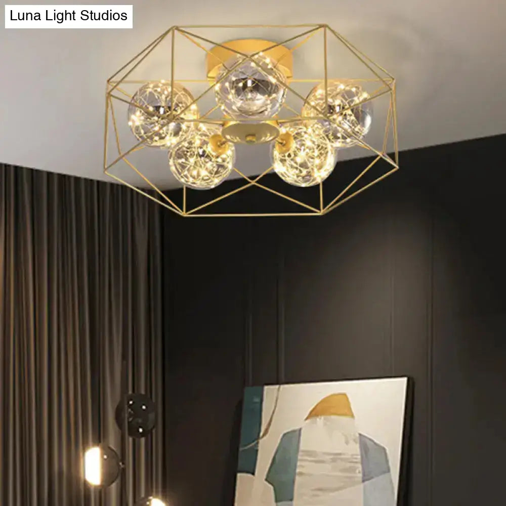 DecorBites™ DecorBites™ Smoke Grey Glass Orb Ceiling Light with Metal Hexagonal Cage - Simple 5-Head Gold Finish