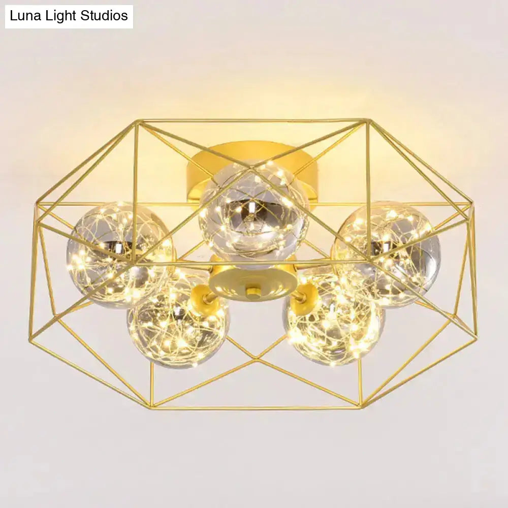 DecorBites™ DecorBites™ Smoke Grey Glass Orb Ceiling Light with Metal Hexagonal Cage - Simple 5-Head Gold Finish