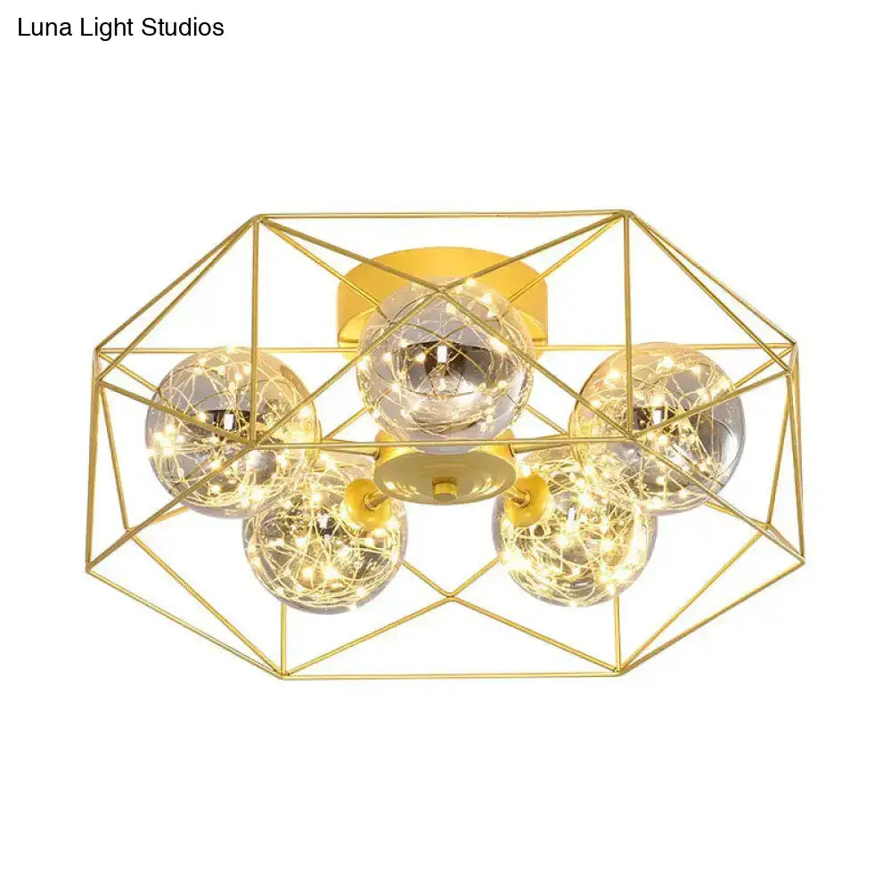 DecorBites™ DecorBites™ Smoke Grey Glass Orb Ceiling Light with Metal Hexagonal Cage - Simple 5-Head Gold Finish