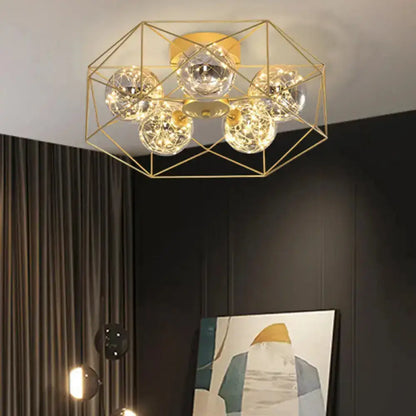 DecorBites™ DecorBites™ Smoke Grey Glass Orb Ceiling Light with Metal Hexagonal Cage - Simple 5-Head Gold Finish