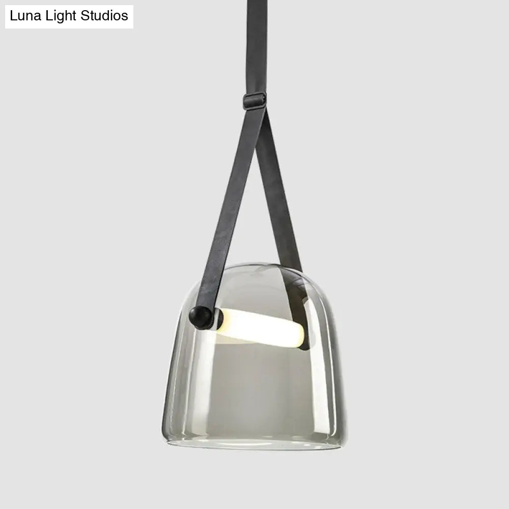 Smoke Grey Glass Pendulum Light - Nordic Single-Bulb Pendant with Adjustable Leather Strap