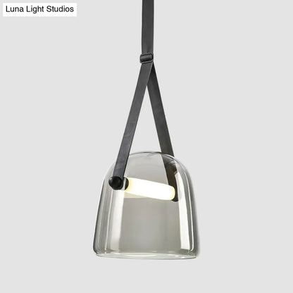 Smoke Grey Glass Pendulum Light - Nordic Single-Bulb Pendant with Adjustable Leather Strap