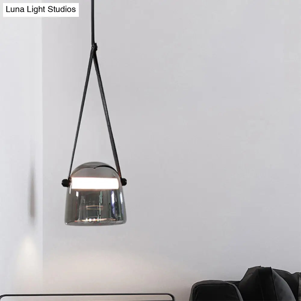 Smoke Grey Glass Pendulum Light - Nordic Single-Bulb Pendant with Adjustable Leather Strap