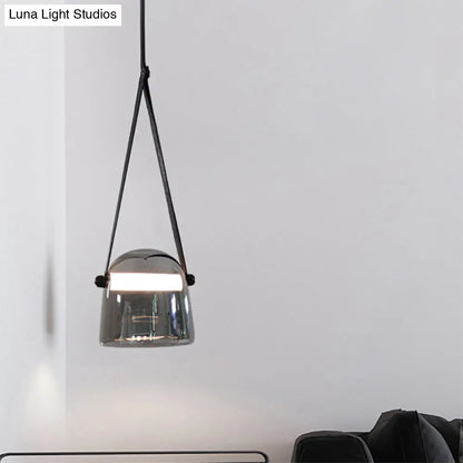 Smoke Grey Glass Pendulum Light - Nordic Single-Bulb Pendant with Adjustable Leather Strap