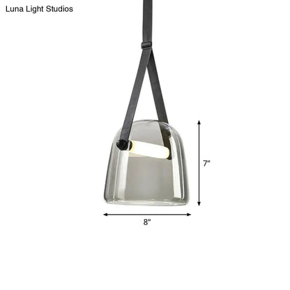 Smoke Grey Glass Pendulum Light - Nordic Single-Bulb Pendant with Adjustable Leather Strap