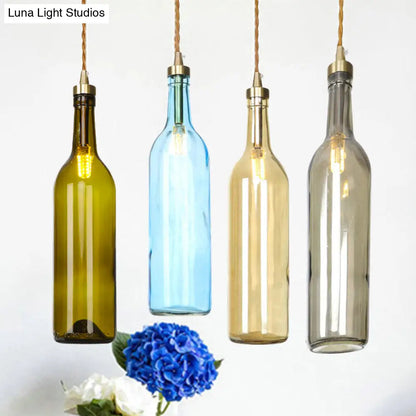 Smoke Grey/Green Industrial Wine Bottle Hanging Lamp - Adjustable Cord Pendant Light