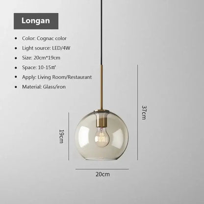 Smoked glass and brass pendant light with cognac glass pendant and exposed led bulb for dining room lighting