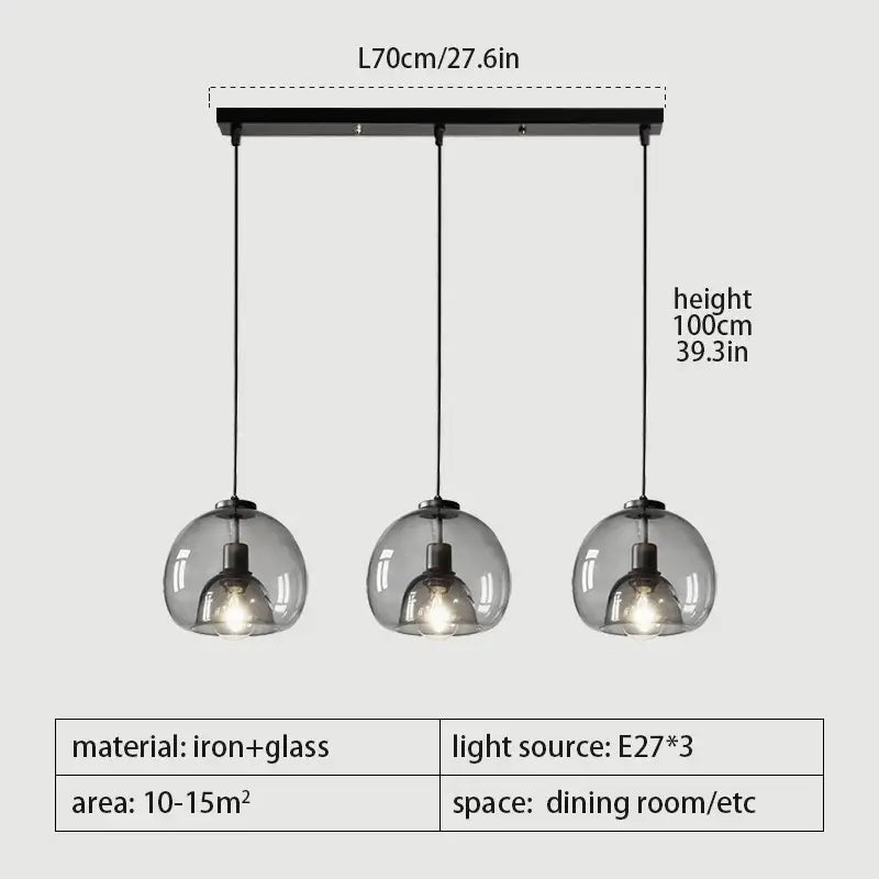 Modern black iron smoked glass pendant lights trio with three spherical glass pendant shades for dining room table