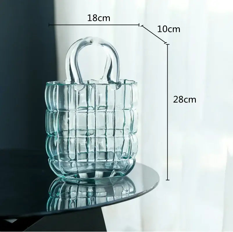 Smoky gray and amber clear glass vase with grid pattern and curved handle for living room handbag decorbites clear glass