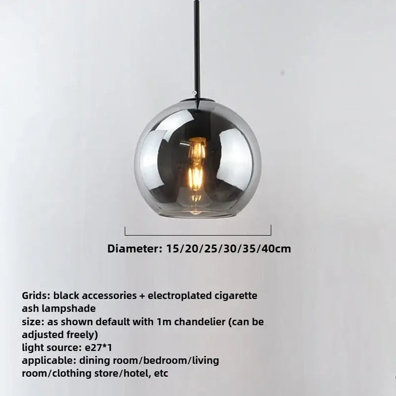 Smoky gray five light glass globe pendant light with iron finish and exposed edison-style light source inside