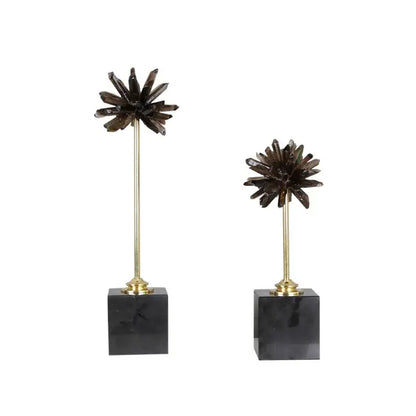 Two dark brown smoky quartz crystal handicraft artificial flowers on gold rods with black marble bases for home decor