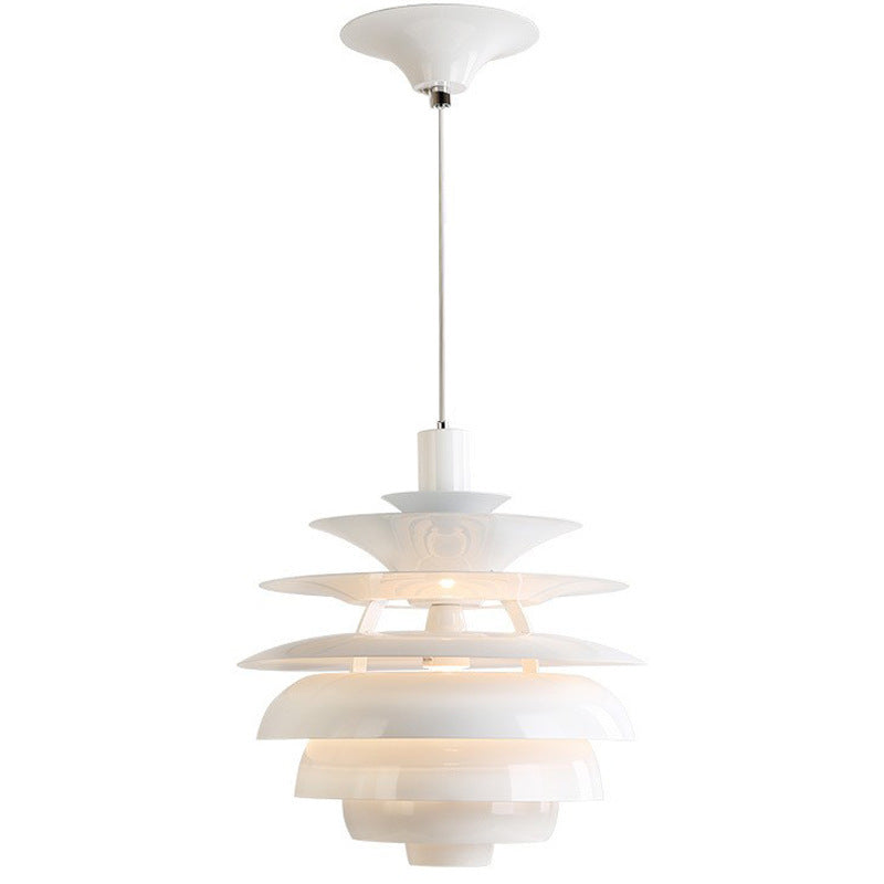White modern pendant light with layered disc design, minimalist aesthetic.