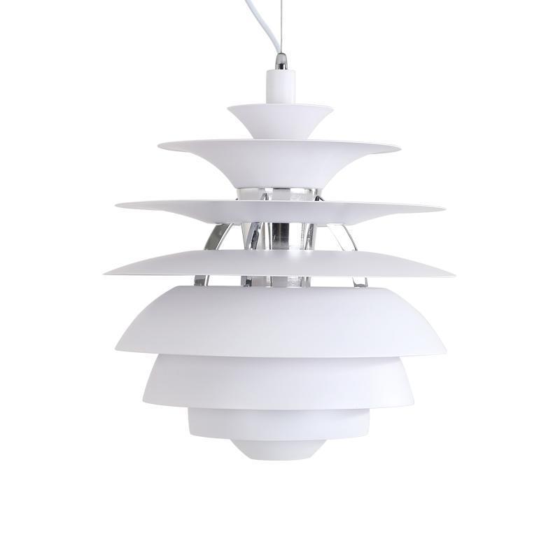 White layered pendant light with a modern design and chrome accents.