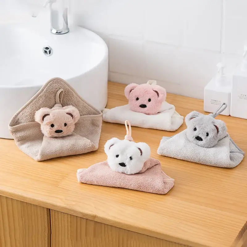 Soft cartoon bear microfiber hand towel 4 pack in pastel shades with embroidered faces and hanging loops by decorbites cartoon bear