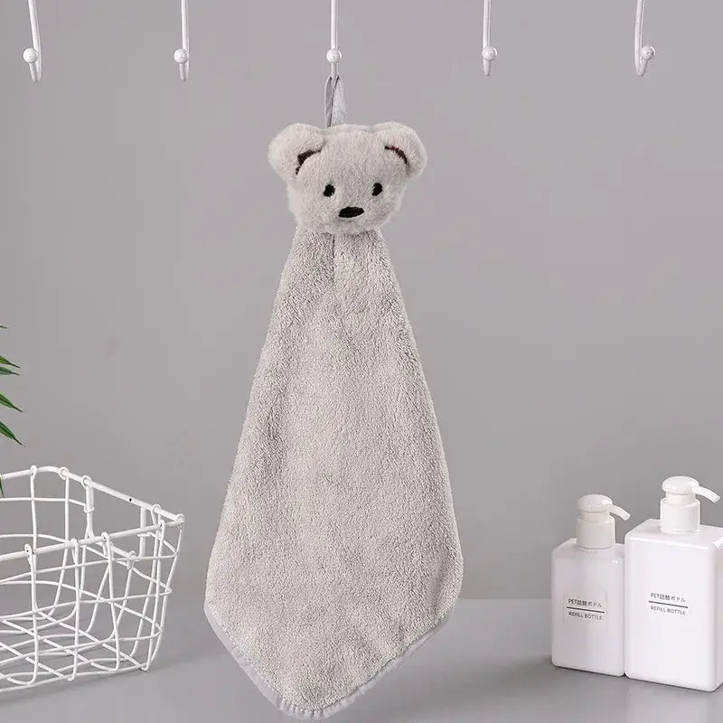 Soft cartoon bear microfiber hand towel in light gray with plush texture and embroidered decorbites cartoon bear features