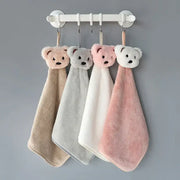Four plush cartoon bear hand towels in beige gray white and pink made of microfiber for kitchen and bathroom decorbites
