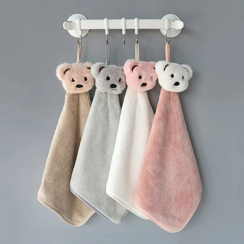 Four plush cartoon bear hand towels in beige gray white and pink made of microfiber for kitchen and bathroom decorbites
