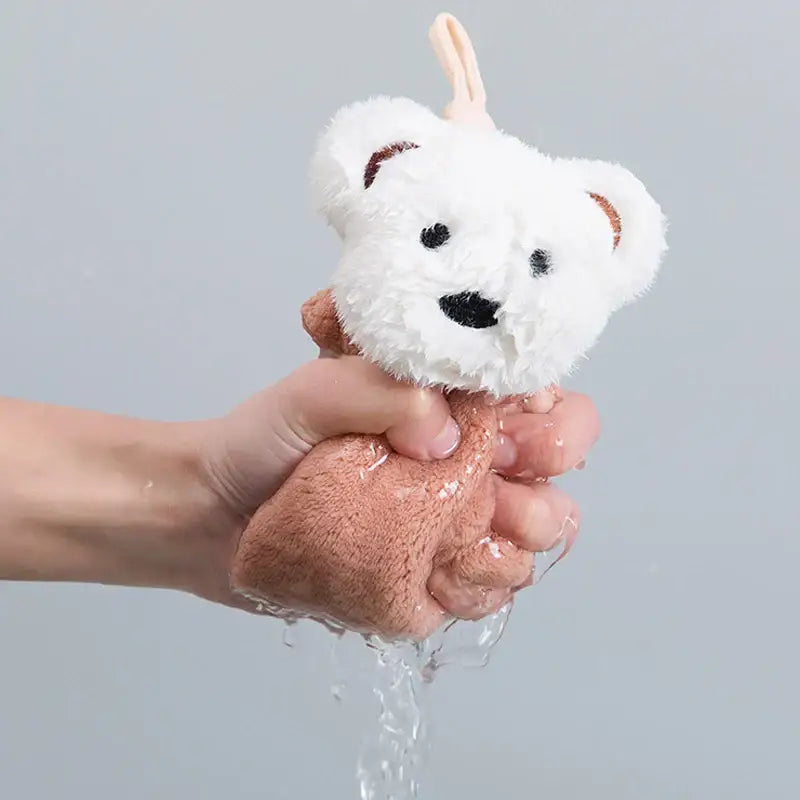 A plush white cartoon bear microfiber hand towel with brown accents and pink loop for gentle cleaning decorbites cartoon bear