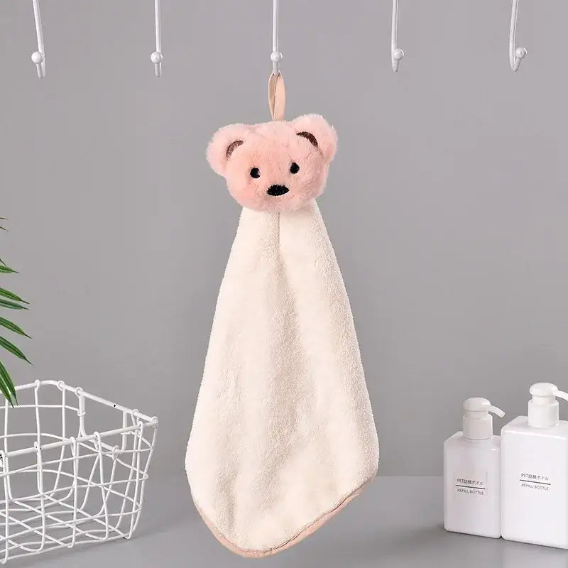 Pink plush cartoon bear hand towel with cream fleece body and pink trim decorbites cartoon bear microfiber set
