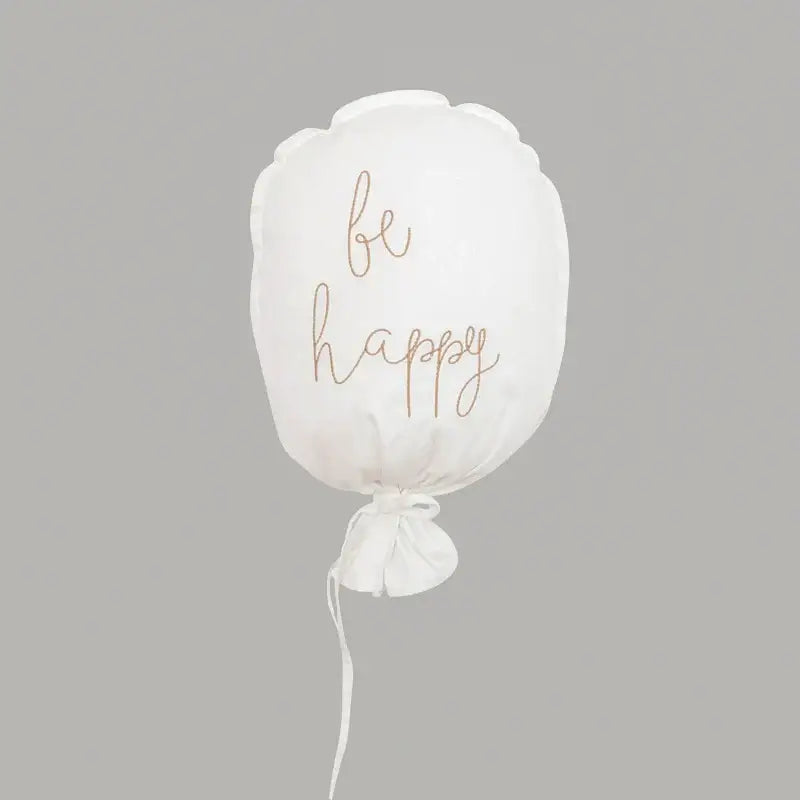 White soft cotton balloon wall hanging with be happy rose gold cursive script for kids room decor