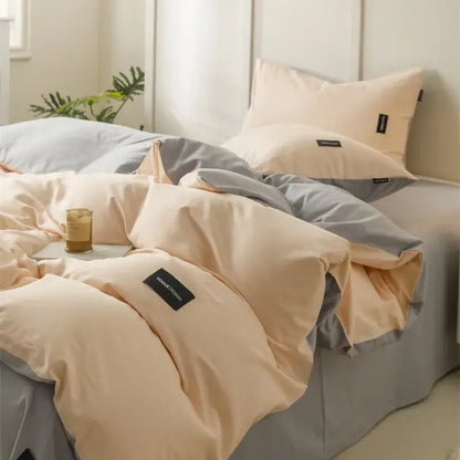 Beige and gray two-tone decorbites cotton bedding set with soft smooth fabric and black woven labels for bedroom use