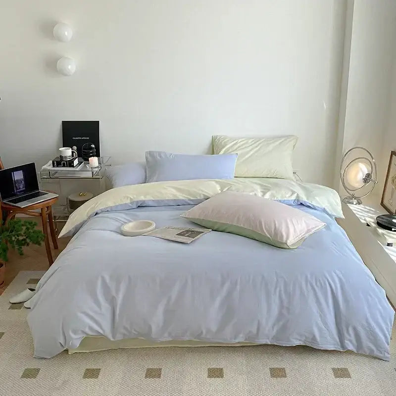 Soft pastel blue cotton queen bedding set with subtle sheen and satin finish from decorbites cotton queen collection
