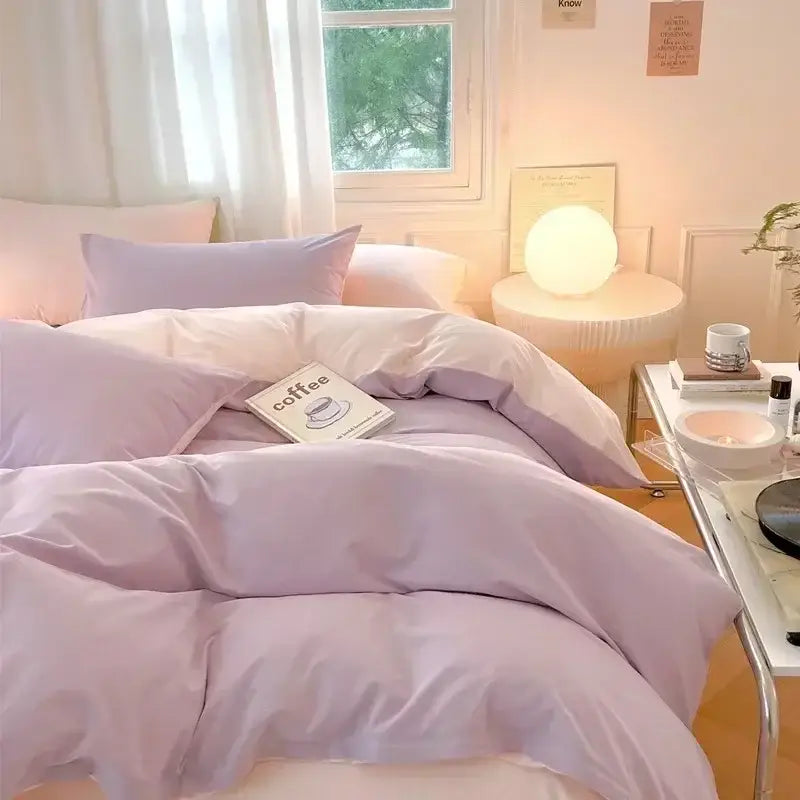 Soft lavender cotton queen bedding set with satin finish duvet cover and matching pillows featuring subtle stitching decorbites cotton queen