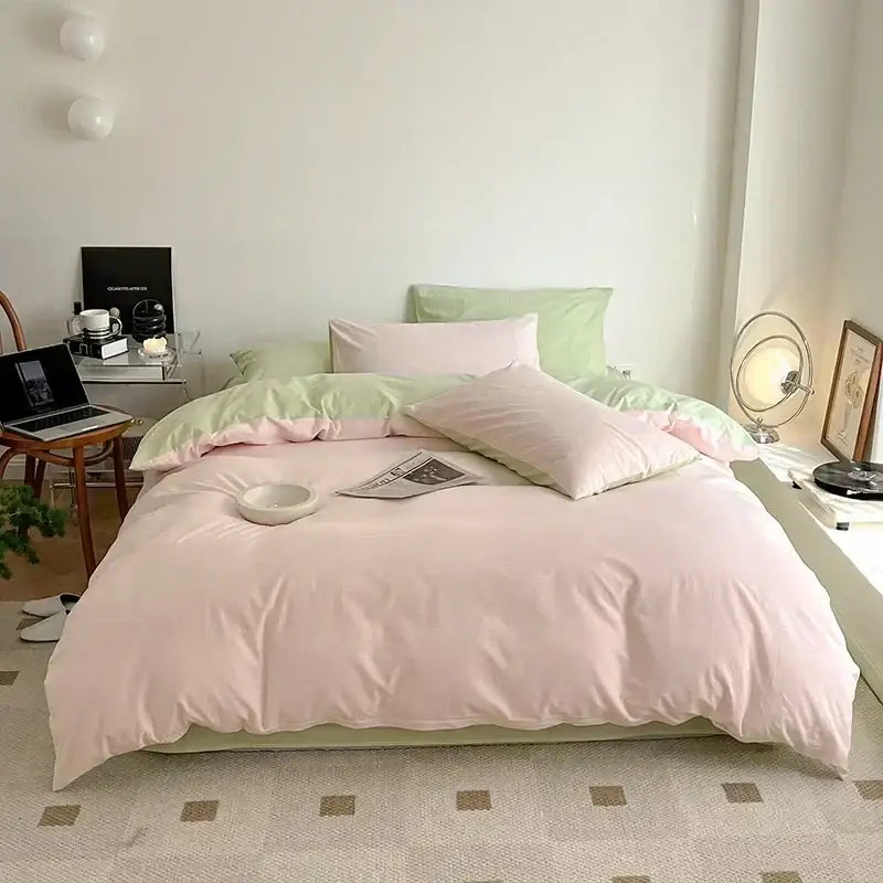 Soft lavender cotton queen bedding set with pastel pink and mint green duvet in smooth satin finish fabric