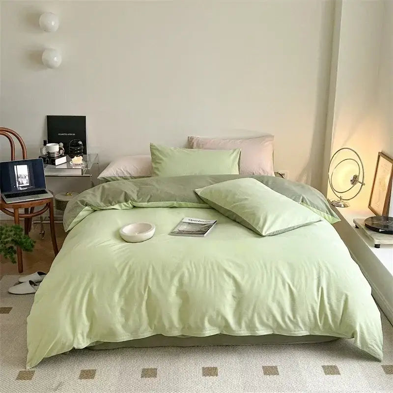 Soft lavender cotton queen bedding set with mint green satin finish and smooth texture from decorbites cotton queen collection