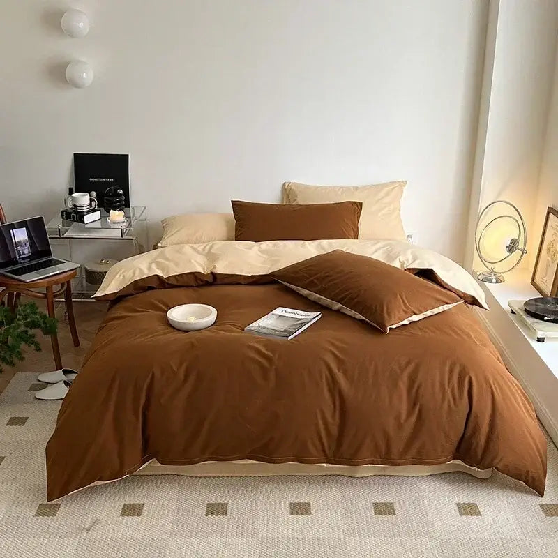 Warm brown and cream two-tone cotton queen bedding set with soft smooth fabric from decorbites cotton queen collection