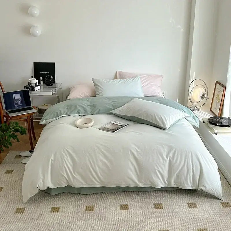 Soft white and mint green cotton queen bedding set with satin finish in smooth fabric by decorbites cotton queen