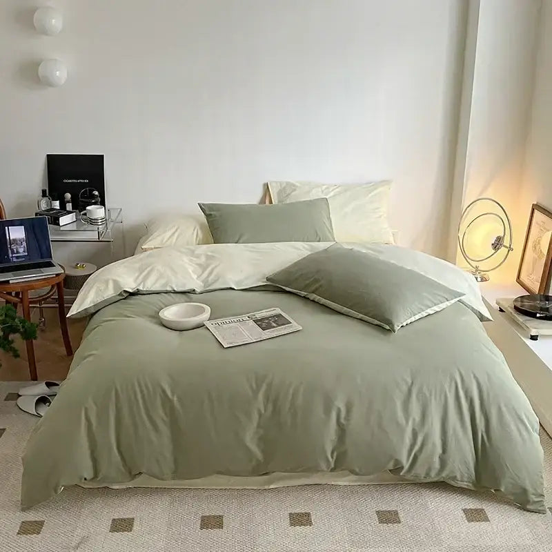 Soft sage green cotton queen bedding set with satin finish duvet cover and matching pillowcases by decorbites cotton queen