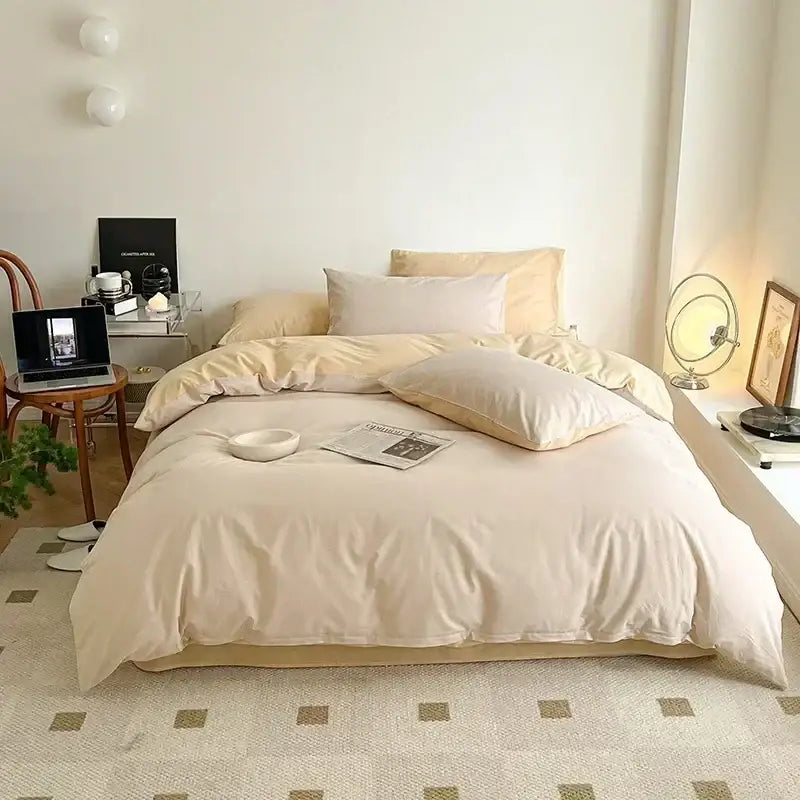 Cream-colored soft textured cotton queen bedding set with matching pillows and duvet from decorbites cotton queen bedding