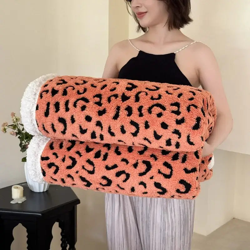Coralb leopard print double layered wool blanket with white fleece lining soft decorbites leopard print throw