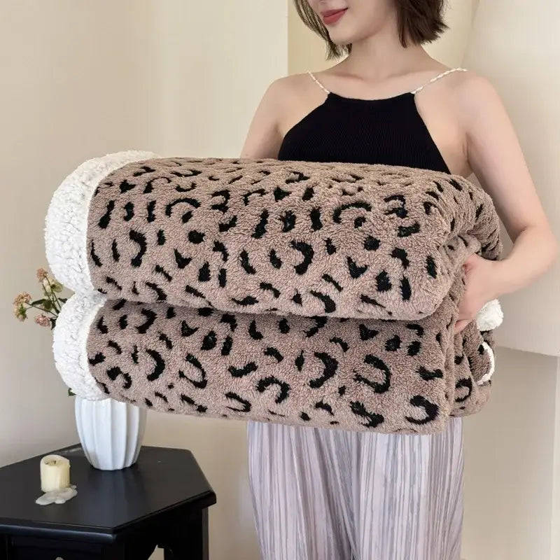 Soft leopard print double layered wool blanket with white fleece trim for cozy decorbites leopard print bedroom throw