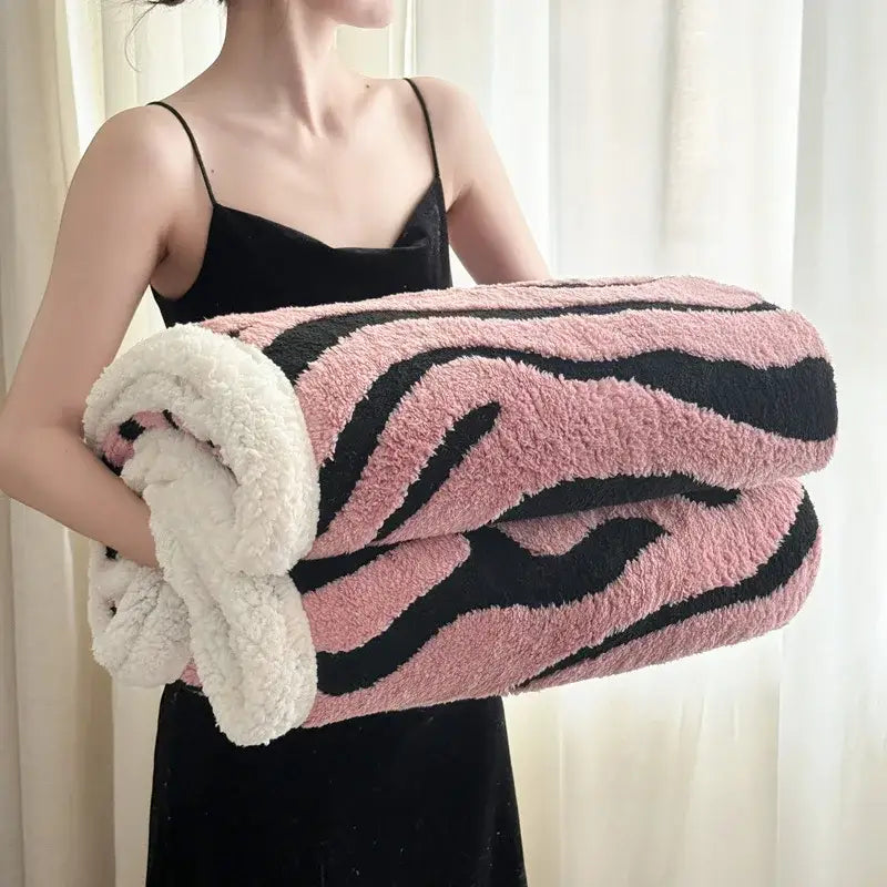 Soft leopard print double layered wool blanket with pink black zebra stripes and plush white inner lining decorbites leopard print