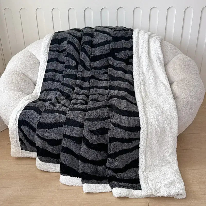 Soft leopard print double layered wool blanket with black gray zebra stripe and white sherpa lining for cozy decorbites decor