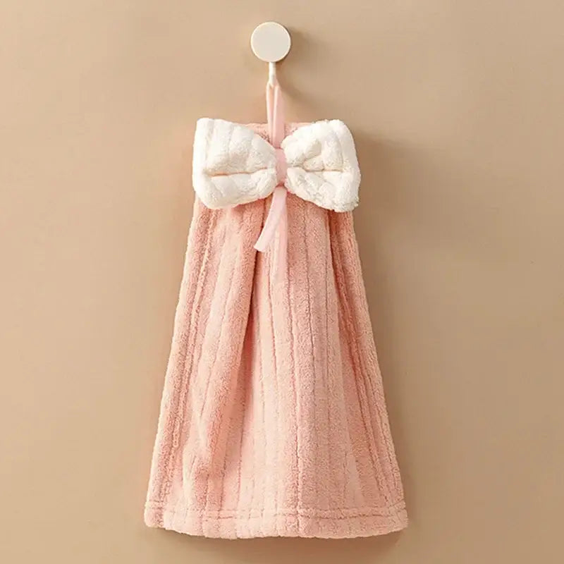 Pink ribbed hand towel with a plush white bow decorbites bowknot microfiber hand towel for kitchen and bathroom use
