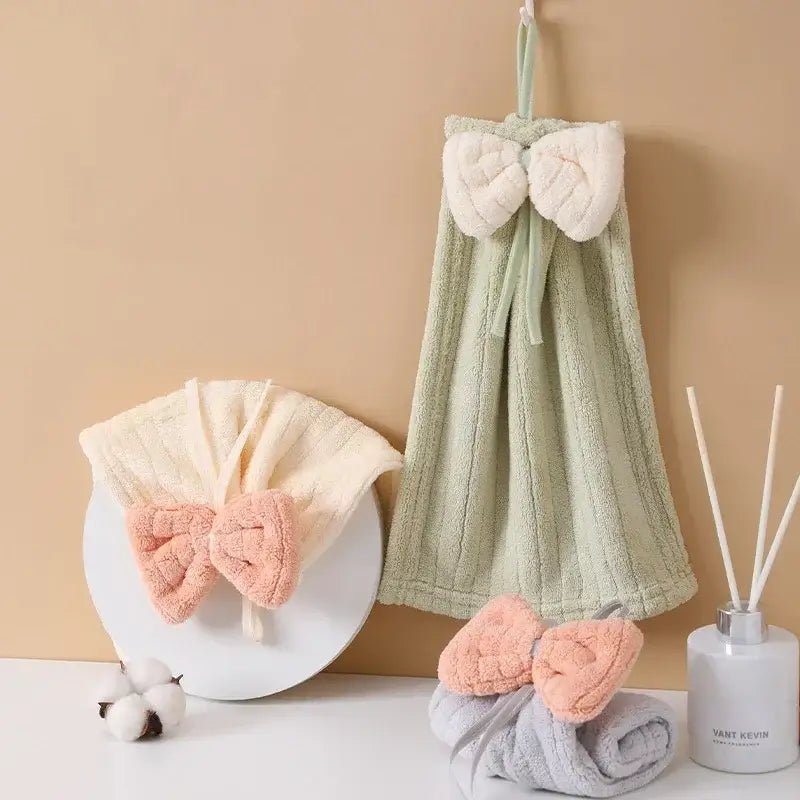 Mint green decorbites bowknot microfiber hand towel with white bow and vertical ribbed texture for kitchen and bathroom use