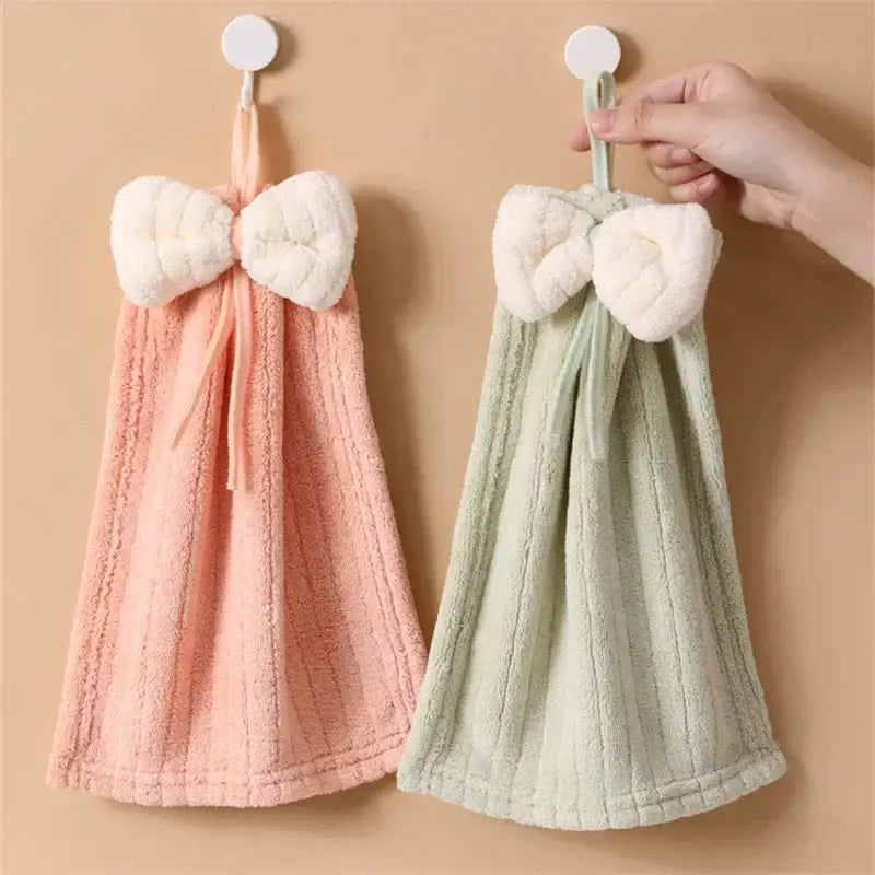 Soft pink and mint green decorbites bowknot microfiber hand towels with plush white bows for kitchen and bathroom use