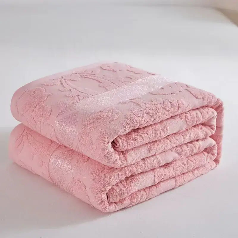 Soft pink decorbites cotton jacquard towel blanket with floral embossed pattern and lace trim for bedroom sofa cover