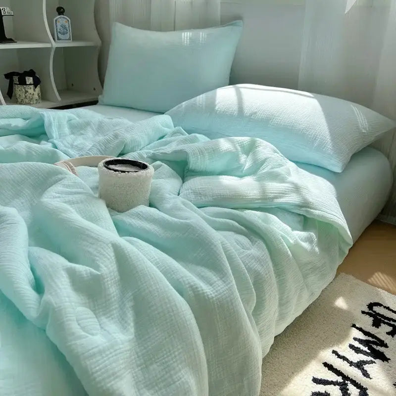 Soft peach cotton muslin cooling wrinkled yarn quilt with light blue textured muslin duvet cover for bedroom decorbites cooling wrinkled yarn