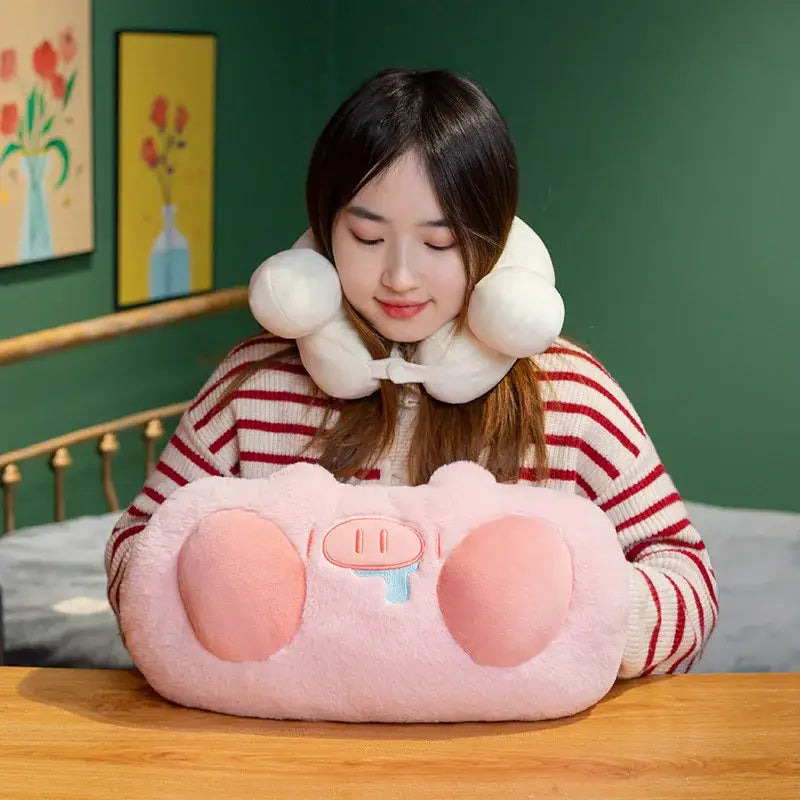 Soft pink cartoon pork plush heating pad with fuzzy texture and embroidered face for decorbites cartoon pork doll throw pillow