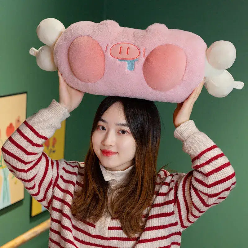 Soft pink cartoon pork plush heating pad with fluffy texture and embroidered face ideal as a pork doll throw pillow decorbites cartoon pork