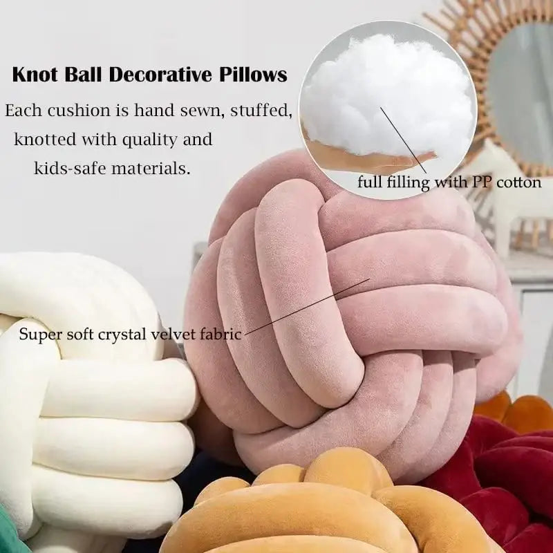 Soft pink velvet knotted ball round pillow made of super soft crystal velvet with full pp cotton filling for bedroom decor