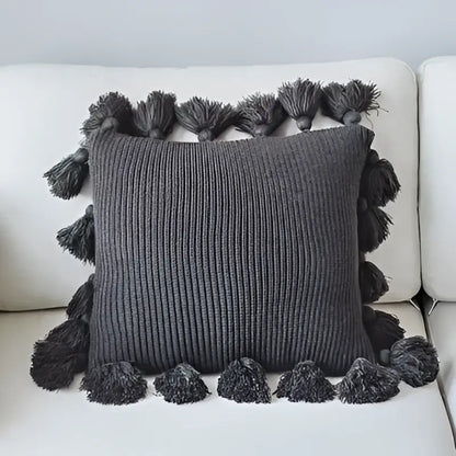 Gray knitted throw pillow with fringe tassels along all sides soft tassel knit cushion cover for living room decorbites knit cushion