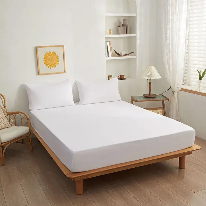 Soft yellow and beige decorbites cotton fitted sheet with smooth stretchy fabric snugly covering mattress
