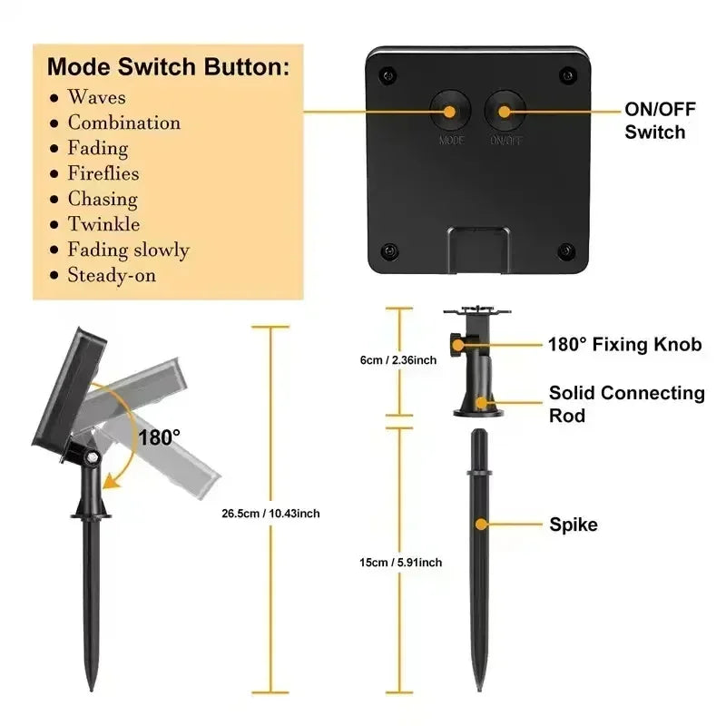 Black solar fairy light string light with adjustable 180-degree head and multiple lighting modes for outdoor use