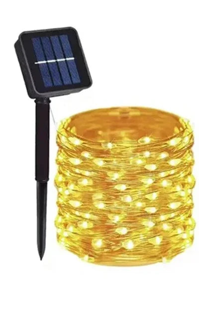 Golden solar fairy string light with black stake and panel for outdoor garden decoration wireless warm light atmosphere
